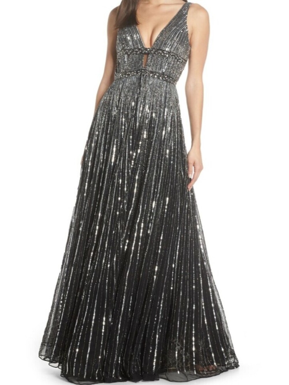 MAC DUGGAL 4906 black silver sequin maxi formal gown sz 14